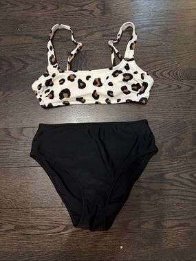 Xhilaration White Leopard Print Crop Bikini Top with Black High-Waist Bottoms